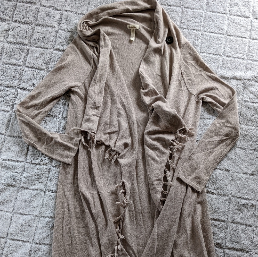 Matilda Jane Tan Oatmeal Warm Smile Button Cowl Tassel Long Line Open Sweater XS